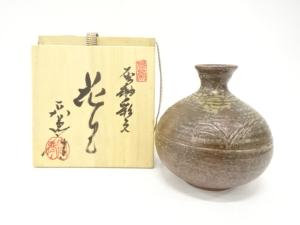 山口宏夢造　灰釉彩文　花生